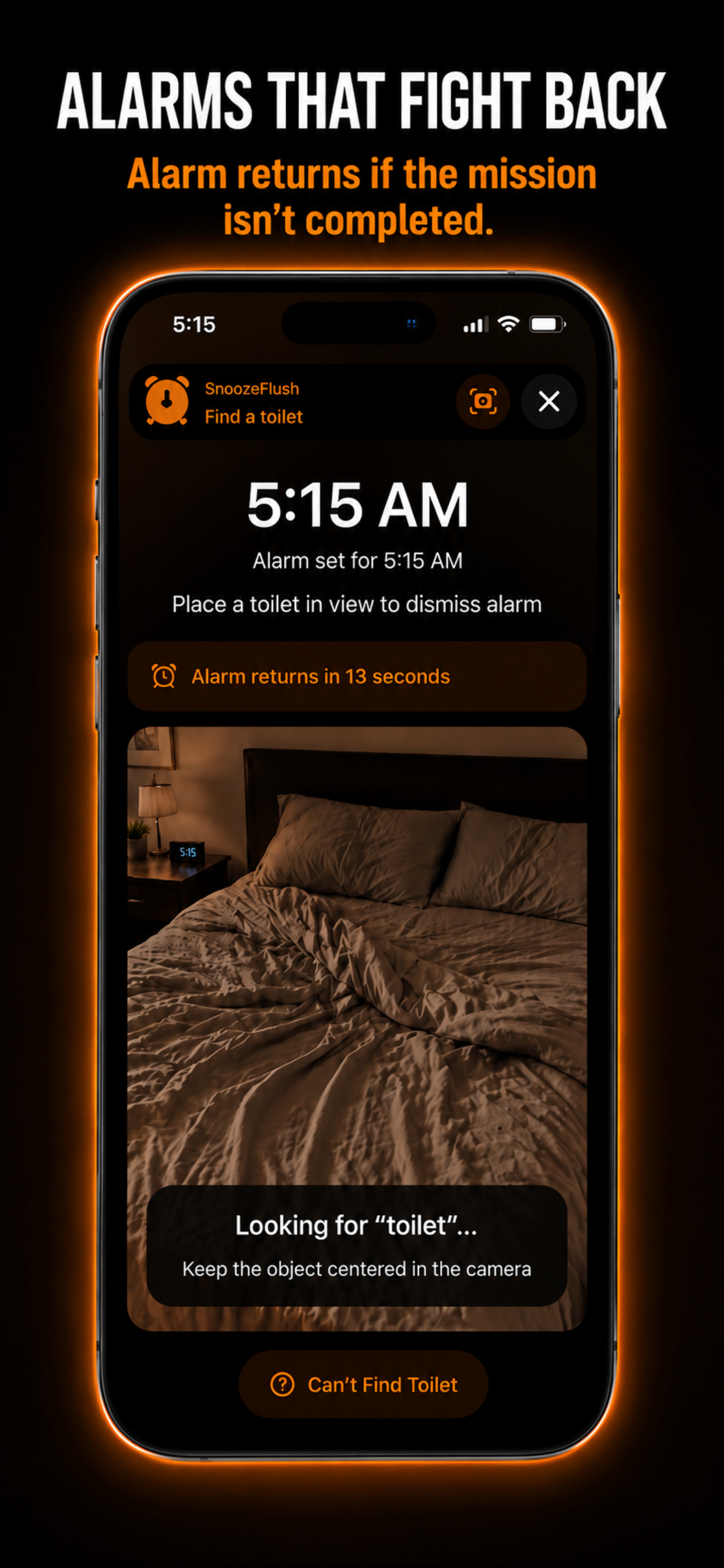 SnoozeFlush settings page displaying multiple alarms and custom sounds